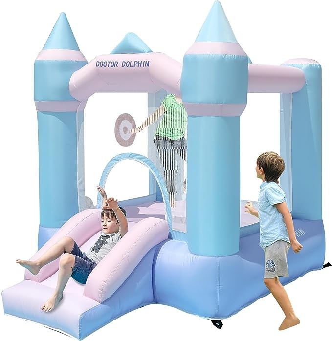 Bounce House with Slide for Kids Toddlers,8.43 x 6.56 x7.38 ft Bouncer Inflatable Bouncy Castle with Blower Basketball Hoop for Backyard Wedding Wet & Dry