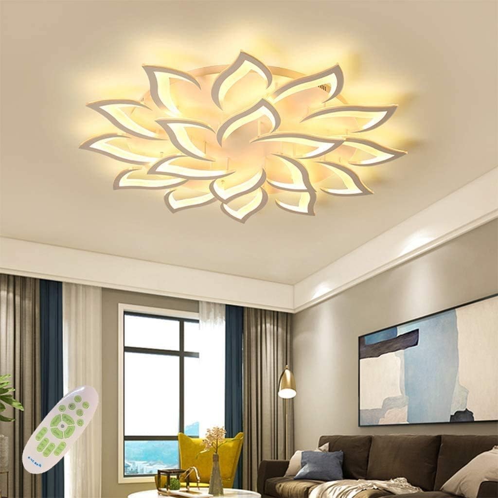 LED Dimmable Ceiling Light Modern Flower Shape Ceiling Lamp Fixture Living Room Bedroom Children's Room Flush Hanging Lamp Metal Acrylic Petal Ceiling Chandelier Lighting,18 heads/ø47.2″/168w