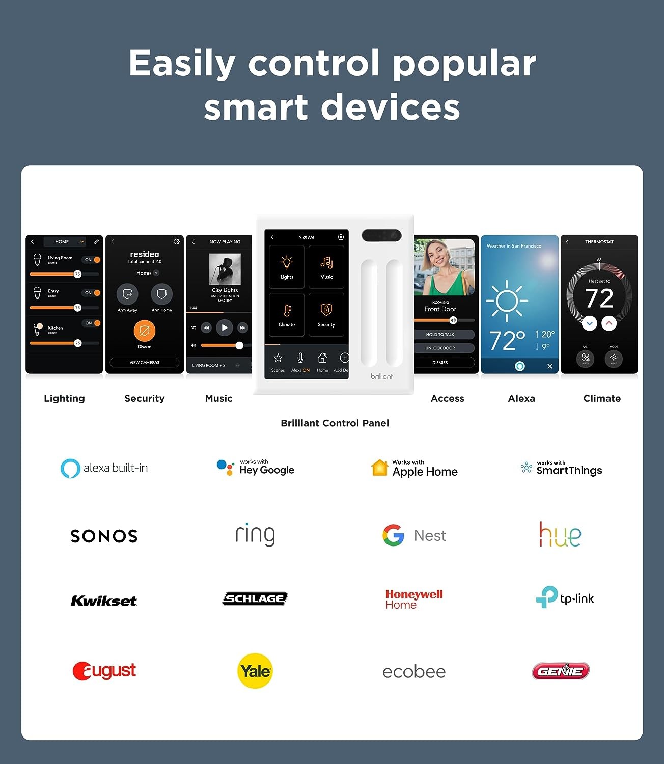 Brilliant Smart Home Control (4-Switch Panel) — Alexa Built-In & Compatible with Ring, Sonos, Hue, Google Nest, Wemo, SmartThings, Apple HomeKit — In-Wall Touchscreen Control for Lights, Music, & More