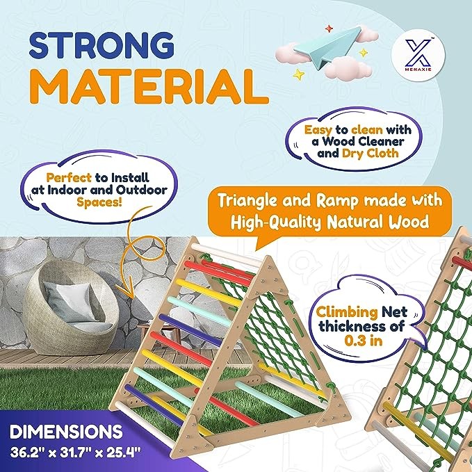 MENAXIE 31.2" X 28.3" X 27.75" Pikler Triangle Mountaineer with Ramp, 2 Wooden Pieces, Children's Exercise Equipment, Includes Coarse Alphabet Puzzle, Cotton Mesh and Adjustable Cushions